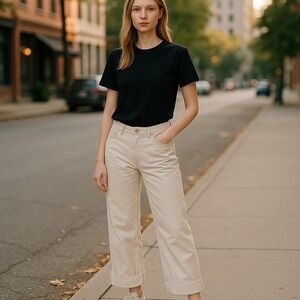 Gloria Vanderbilt Capri Pants Wide Leg Beige Cuffed Womens 14 Stretch Cotton